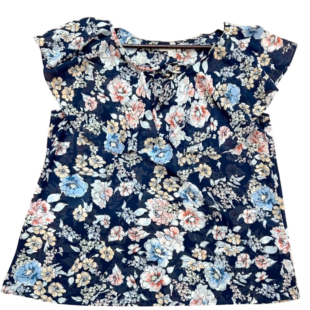 C'est Kai Floral Ruffle Blouse Womens XL Navy Blue Chiffon Cottagecore Top